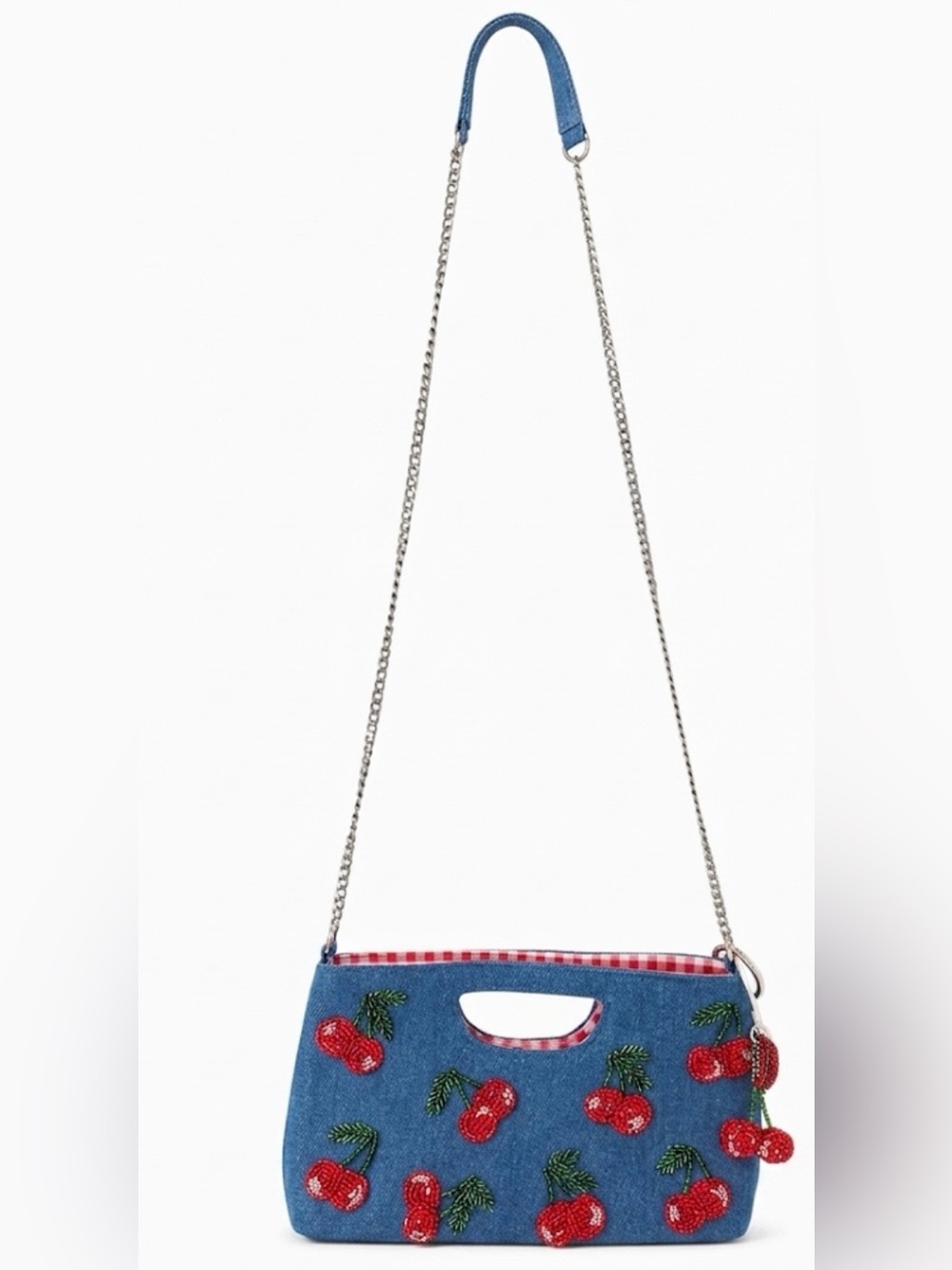 Hand-Beaded Denim Cherry Crossbody Bag | Fruit Embroidery Gingham Lining NWT